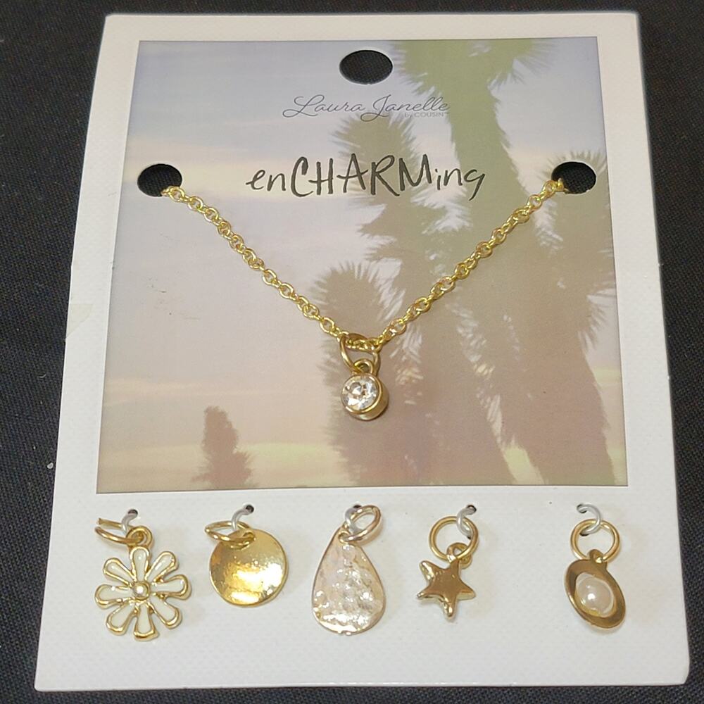 Laura Janelle Encharming‎ Necklace 6 Charms Gold Silver Rhinestone Flower Star